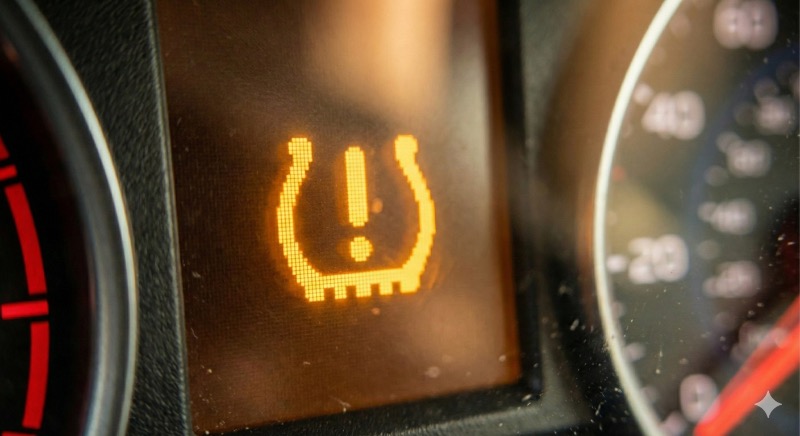 Közelkép a műszerfalon világító sárga TPMS guminyomás ellenőrző figyelmeztető lámpáról