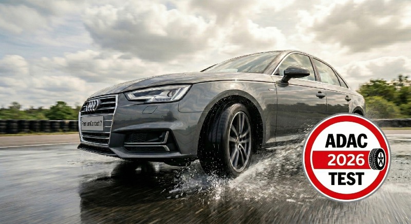 ADAC 2026 nyárigumi teszt folyamata vizes aszfalton egy Audi A4-es autóval.