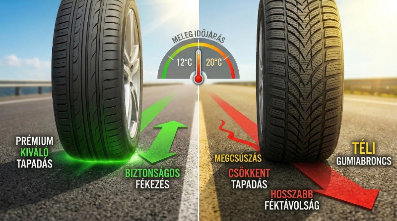 Összehasonlító infografika a téli és nyári gumiabroncsok teljesítményéről meleg időben (7-20°C felett). A bal oldalon a nyári gumi kiváló tapadást és biztonságos fékezést mutat, míg a jobb oldalon a téli gumi csökkent tapadást és hosszabb féktávolságot eredményez.