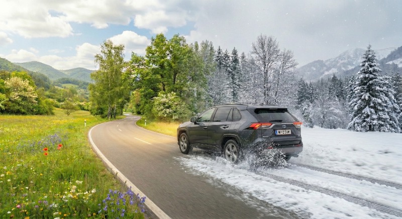 Hangulatos montázs kép egy szürke SUV autóról, amint egy úton halad át a télből a tavaszba/nyárba. A kép bal oldala virágzó zöld rétet, a jobb oldala pedig havas tájat ábrázol, szimbolizálva a szezonális gumicsere idejét.