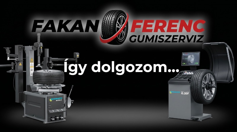 Fakan Ferenc Gumiszerviz univerzális borítóképe „Így dolgozom...” felirattal, fekete alapon Beissbarth MS 650 IT gumiszerelő és Beissbarth G.30P kerékkiegyensúlyozó gépekkel.