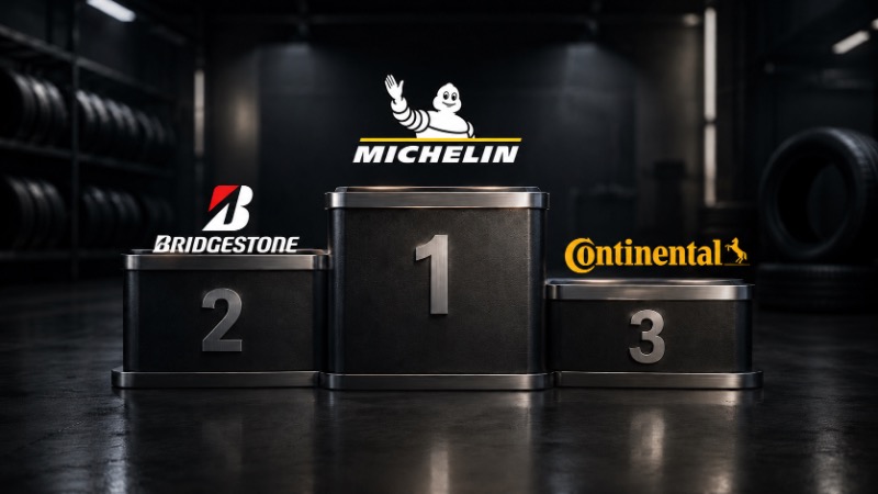 Dobogón szereplő Michelin, Bridgestone és Continental márkanevek sötét gumiszerviz háttérrel, 2026 legnagyobb gumiabroncs márkái témához.