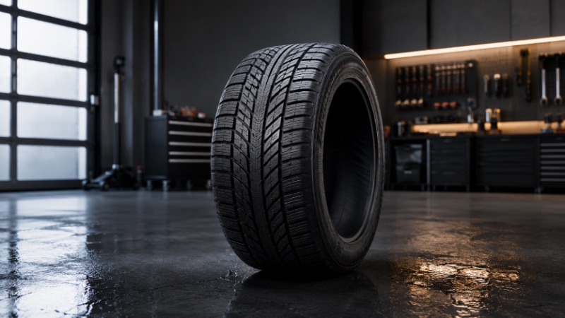 Négyévszakos gumiabroncs sötét gumiszerviz műhelyben, ADAC 2026 teszt témájú blogposzthoz
