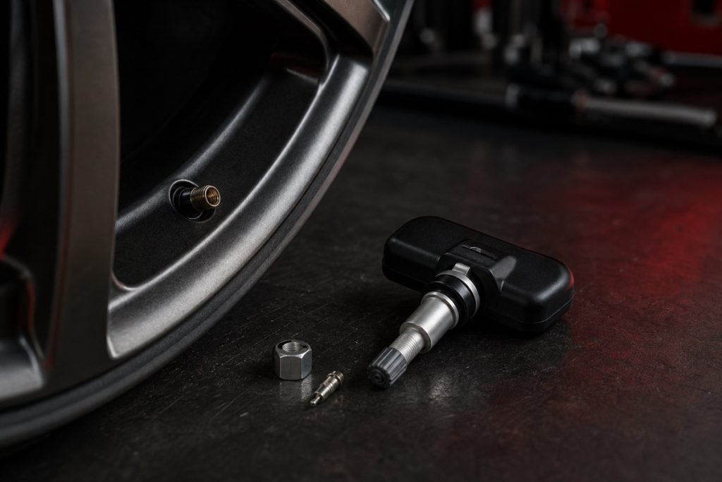 TPMS szenzor és fémszelep autófelni mellett szenzorcsere előtt